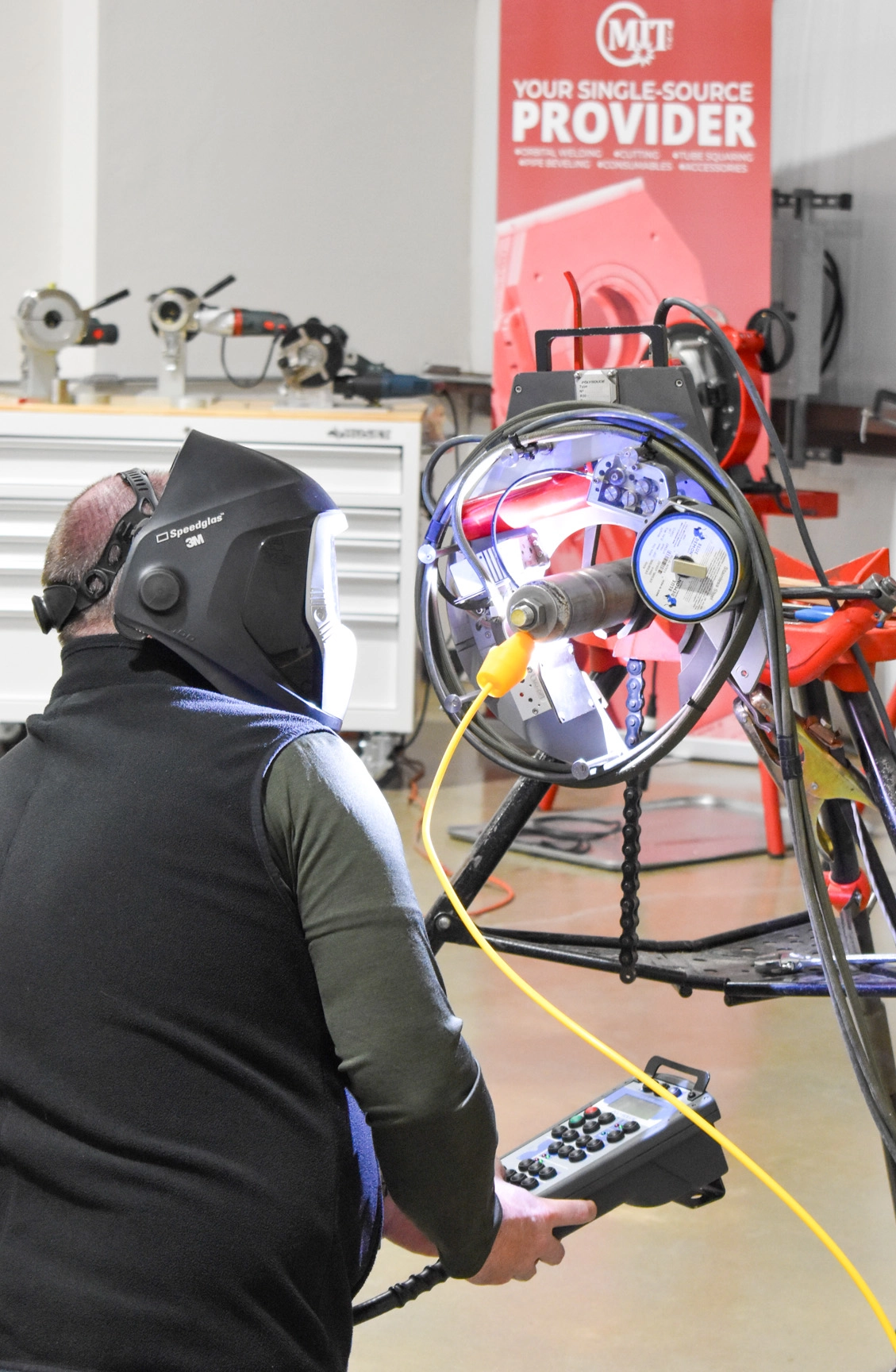 Welding of pipe with Polysoude MU 128 pipe orbital weld head