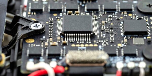 Macro pictures of an integrated circuit on a black PCB with a processor and semiconductors